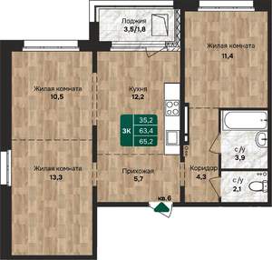 3-к квартира, строящийся дом, 65м2, 12/17 этаж