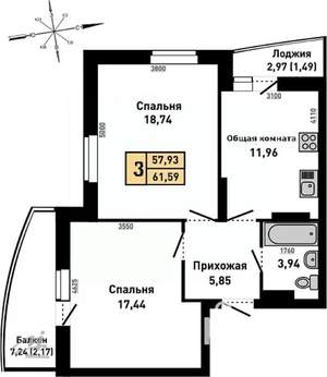 3-к квартира, вторичка, 62м2, 3/25 этаж