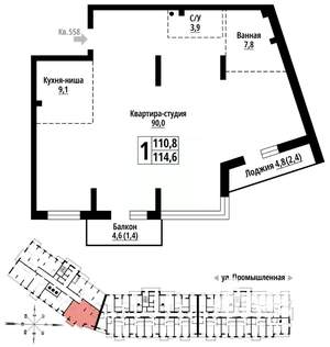 1-к квартира, вторичка, 114м2, 19/23 этаж