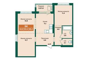 3-к квартира, вторичка, 65м2, 5/12 этаж