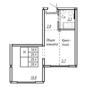 1-к квартира, строящийся дом, 28м2, 1/22 этаж