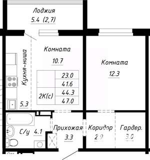 2-к квартира, строящийся дом, 44м2, 1/10 этаж