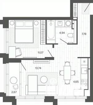 1-к квартира, строящийся дом, 44м2, 5/19 этаж