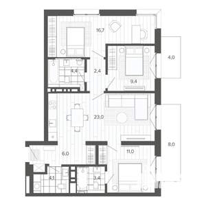 4-к квартира, строящийся дом, 93м2, 8/9 этаж