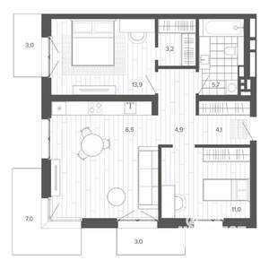3-к квартира, строящийся дом, 78м2, 6/9 этаж