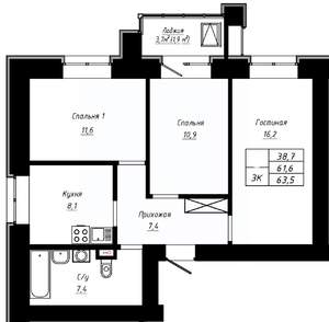 3-к квартира, строящийся дом, 64м2, 15/16 этаж