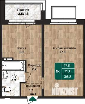 1-к квартира, строящийся дом, 37м2, 1/17 этаж