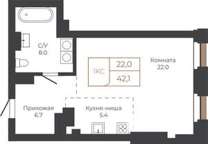 1-к квартира, строящийся дом, 42м2, 17/27 этаж