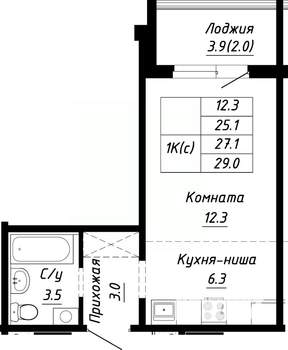 1-к квартира, строящийся дом, 27м2, 6/10 этаж