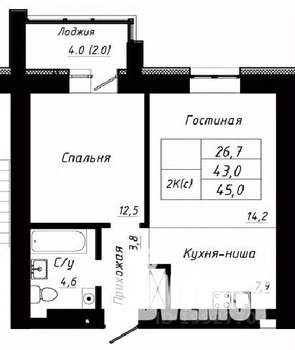 2-к квартира, строящийся дом, 45м2, 7/10 этаж