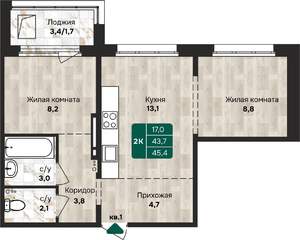 2-к квартира, вторичка, 45м2, 3/12 этаж