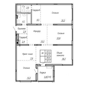 4-к квартира, строящийся дом, 94м2, 16/22 этаж