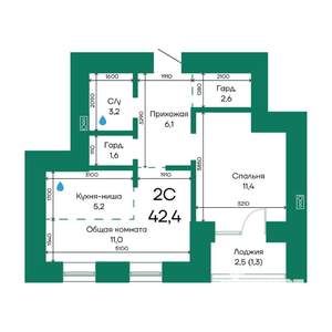 2-к квартира, строящийся дом, 42м2, 4/10 этаж