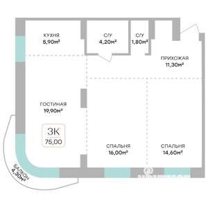 3-к квартира, строящийся дом, 74м2, 4/7 этаж