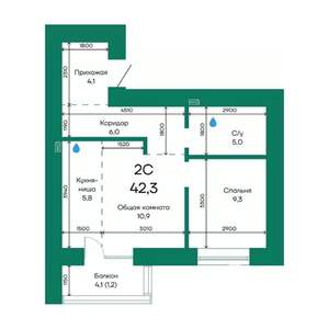 2-к квартира, строящийся дом, 42м2, 8/10 этаж