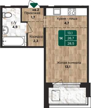 1-к квартира, строящийся дом, 29м2, 11/17 этаж