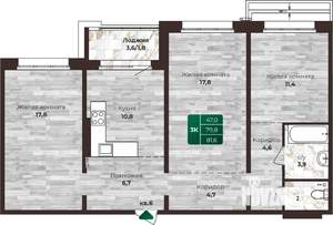 3-к квартира, строящийся дом, 82м2, 2/16 этаж