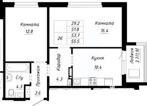 2-к квартира, строящийся дом, 54м2, 5/10 этаж