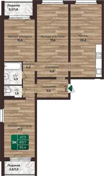 3-к квартира, строящийся дом, 93м2, 4/24 этаж