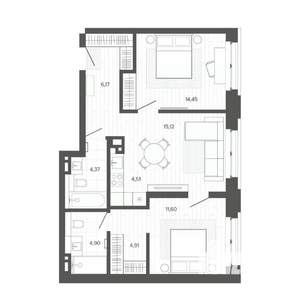 3-к квартира, строящийся дом, 66м2, 2/9 этаж