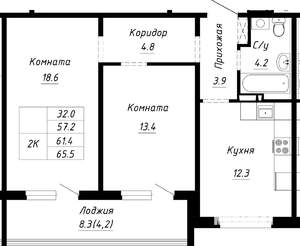 2-к квартира, вторичка, 61м2, 2/10 этаж