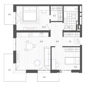 3-к квартира, строящийся дом, 78м2, 6/9 этаж