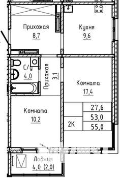 2-к квартира, строящийся дом, 55м2, 11/17 этаж