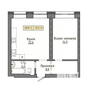 1-к квартира, строящийся дом, 50м2, 1/9 этаж