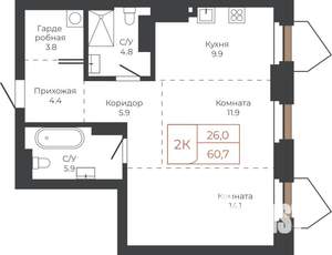 2-к квартира, строящийся дом, 60м2, 15/27 этаж