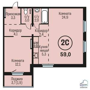 2-к квартира, строящийся дом, 59м2, 13/19 этаж