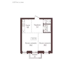 2-к квартира, строящийся дом, 45м2, 4/23 этаж