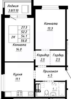 2-к квартира, строящийся дом, 54м2, 9/10 этаж