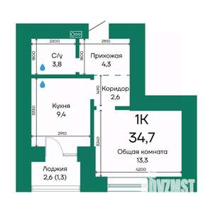 1-к квартира, строящийся дом, 35м2, 10/10 этаж