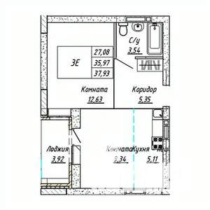 2-к квартира, строящийся дом, 38м2, 8/16 этаж