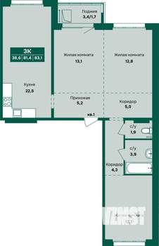 3-к квартира, строящийся дом, 83м2, 7/12 этаж
