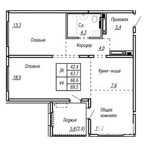 3-к квартира, строящийся дом, 67м2, 15/22 этаж