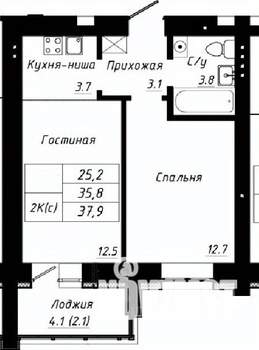 2-к квартира, строящийся дом, 38м2, 2/10 этаж