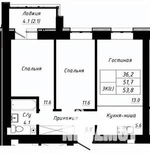 3-к квартира, строящийся дом, 54м2, 3/10 этаж