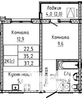 2-к квартира, строящийся дом, 37м2, 12/17 этаж