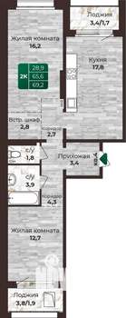 2-к квартира, строящийся дом, 69м2, 17/24 этаж