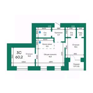 3-к квартира, строящийся дом, 60м2, 9/10 этаж