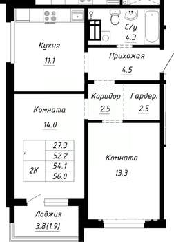 2-к квартира, строящийся дом, 54м2, 7/10 этаж