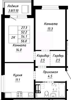 2-к квартира, строящийся дом, 54м2, 9/10 этаж