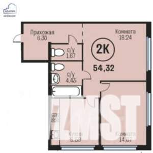 2-к квартира, строящийся дом, 54м2, 22/24 этаж