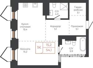 1-к квартира, строящийся дом, 56м2, 15/27 этаж