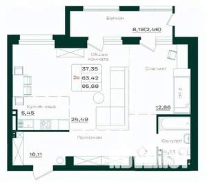 2-к квартира, строящийся дом, 66м2, 3/18 этаж