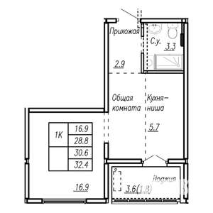 1-к квартира, строящийся дом, 31м2, 16/22 этаж