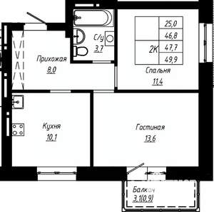 2-к квартира, строящийся дом, 48м2, 3/16 этаж