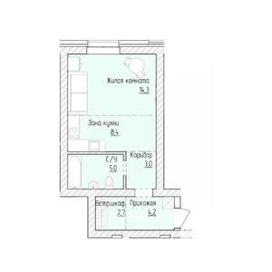 1-к квартира, строящийся дом, 38м2, 2/8 этаж