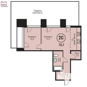 2-к квартира, строящийся дом, 74м2, 1/6 этаж